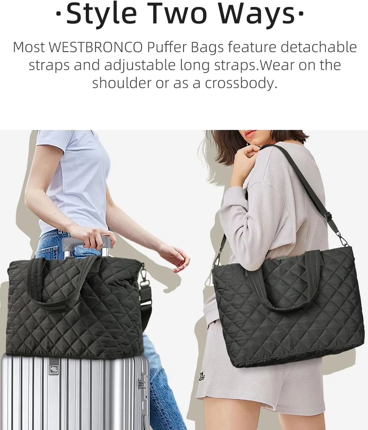 WESTBRONCO Tote Bag for Women with Zipper Large Puffer Quilted Tote Bag for Travel Gym Work