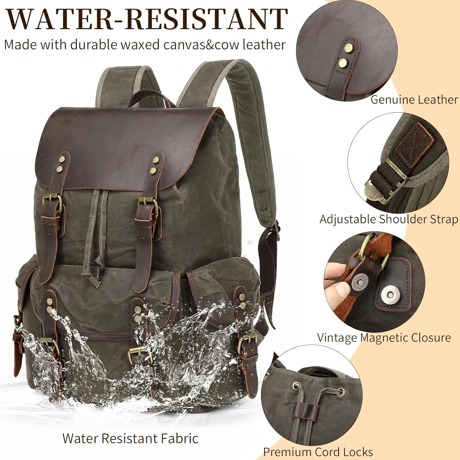 Wogarl Vintage Leather Canvas Backpack, Waxed Canvas Shoulder Rucksack with Toiletry Shoulder Rucksack for Traveling, Camping, Hiking,Business College Fits 17inch Laptop,Green