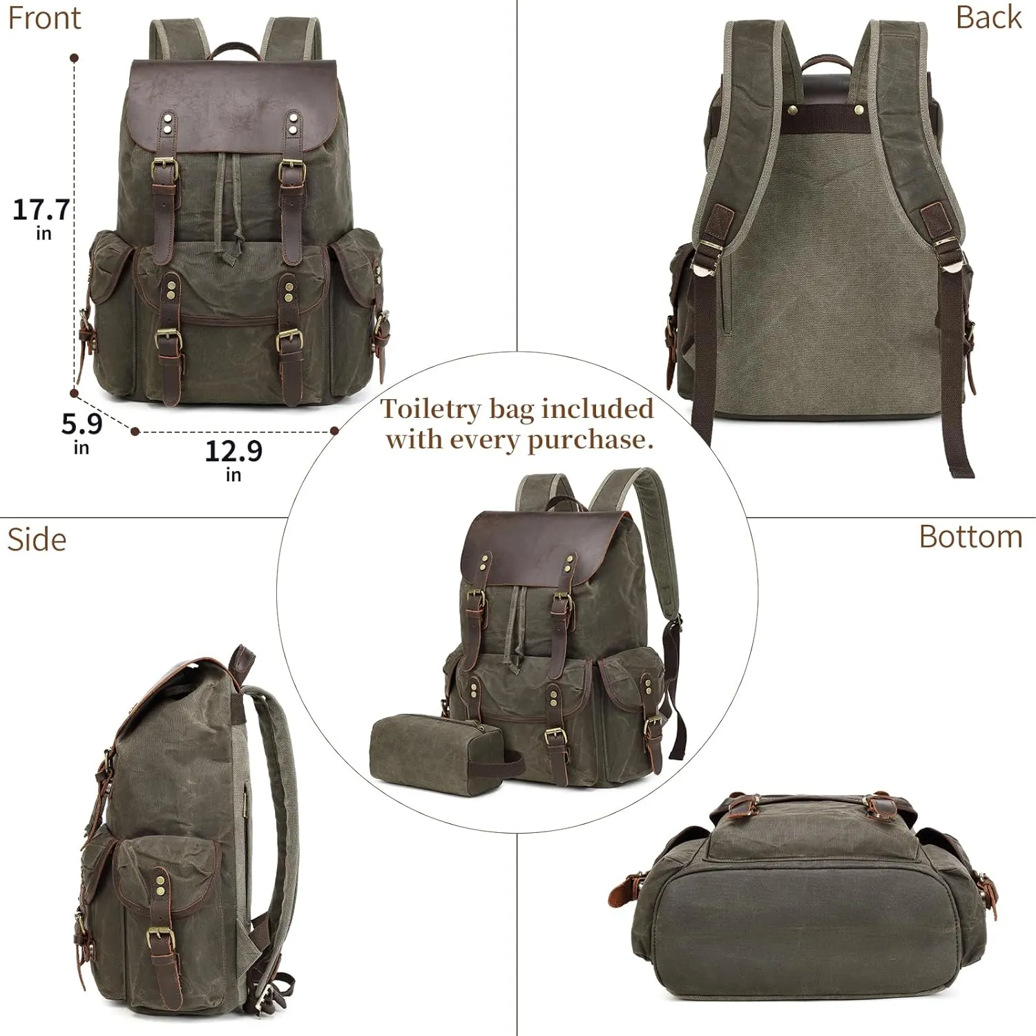 Wogarl Vintage Leather Canvas Backpack, Waxed Canvas Shoulder Rucksack with Toiletry Shoulder Rucksack for Traveling, Camping, Hiking,Business College Fits 17inch Laptop,Green