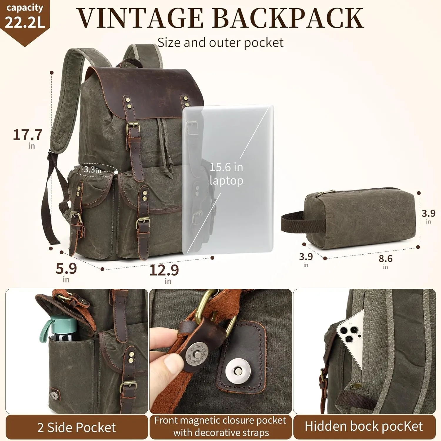 Wogarl Vintage Leather Canvas Backpack, Waxed Canvas Shoulder Rucksack with Toiletry Shoulder Rucksack for Traveling, Camping, Hiking,Business College Fits 17inch Laptop,Green