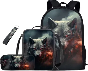 Wolf Backpack for Kindergarten Boys Lightweight Preschool Student Bookbag Set with Lunch Box American Flag School Bag for Students Casual Daypack Travel Bag