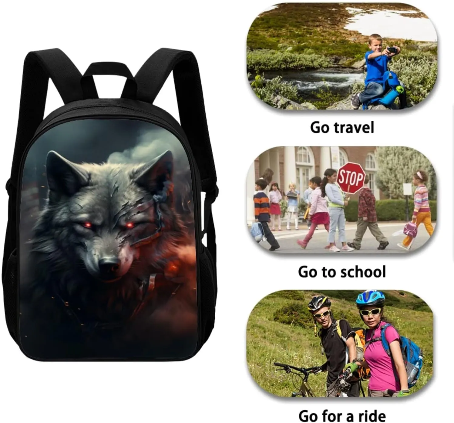 Wolf Backpack for Kindergarten Boys Lightweight Preschool Student Bookbag Set with Lunch Box American Flag School Bag for Students Casual Daypack Travel Bag