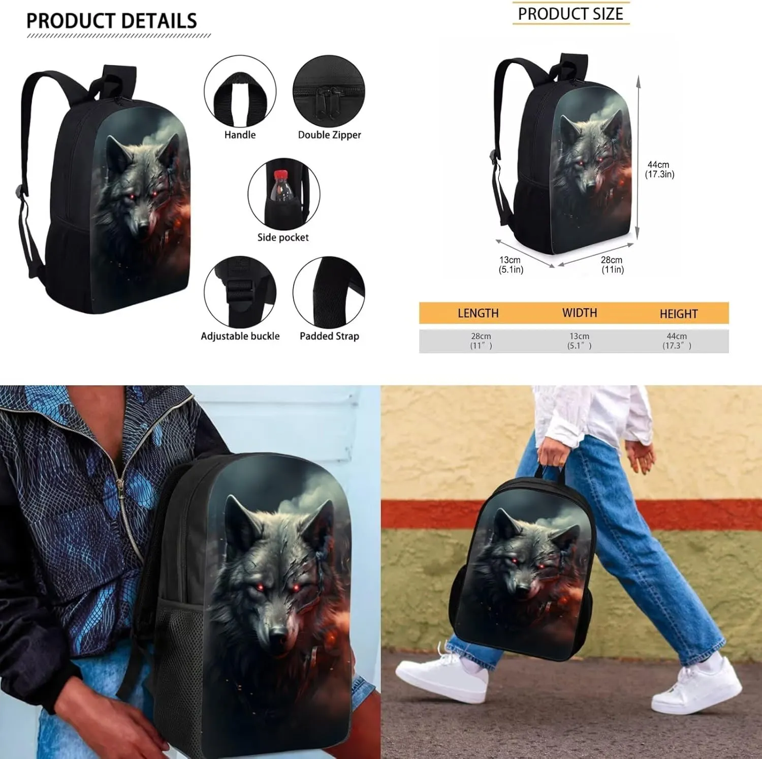 Wolf Backpack for Kindergarten Boys Lightweight Preschool Student Bookbag Set with Lunch Box American Flag School Bag for Students Casual Daypack Travel Bag