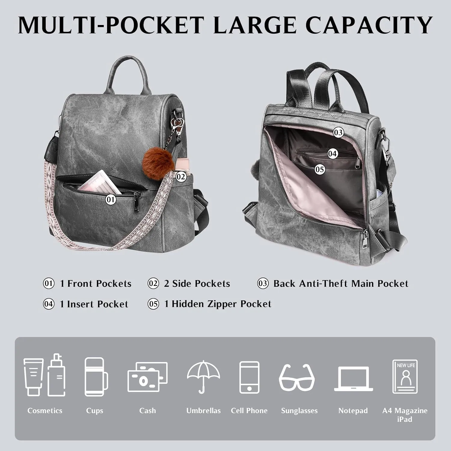 Woman Backpack Purse Waterproof Lightweight PU Leather Backpack, Multipurpose Travel Shoulder Bag Handbag