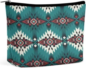 Women Native Southwest American Indian Aztec Green Toiletry Bag Holder Multifunction Travel Makeup Lazy Zipper Tote Bag Large Capacity for Toiletry Digital Accessories Travel