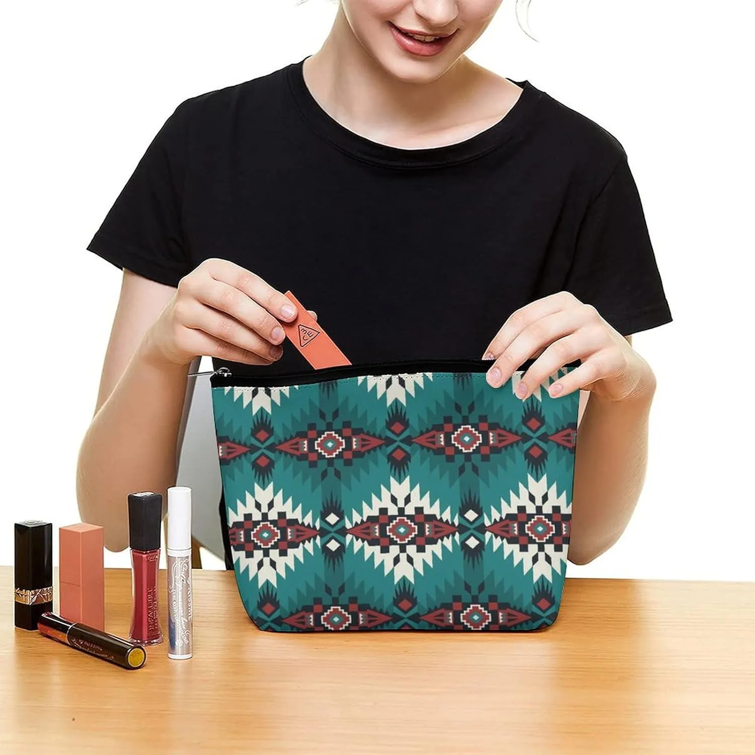 Women Native Southwest American Indian Aztec Green Toiletry Bag Holder Multifunction Travel Makeup Lazy Zipper Tote Bag Large Capacity for Toiletry Digital Accessories Travel