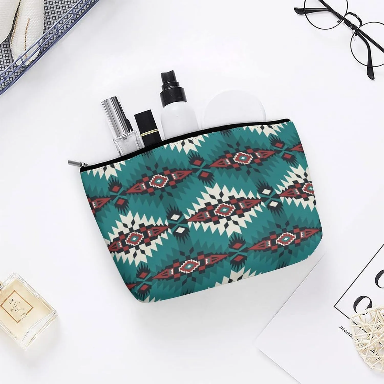 Women Native Southwest American Indian Aztec Green Toiletry Bag Holder Multifunction Travel Makeup Lazy Zipper Tote Bag Large Capacity for Toiletry Digital Accessories Travel