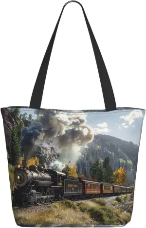 Women Steam Train Tote Bag Large Handbag Lightweight Shoulder Bag with Zipper for Shopping School Work Travel Black One Size, black, Einheitsgröße