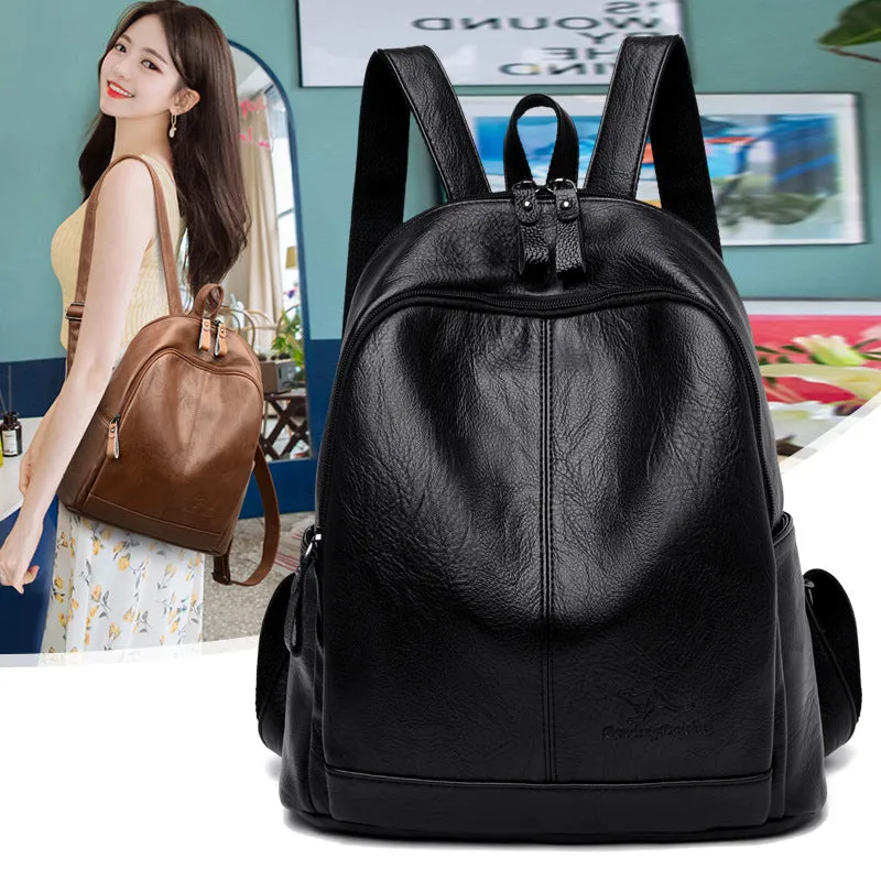 Women's Soft Leather Korean Fashion Large Capacity Backpacks