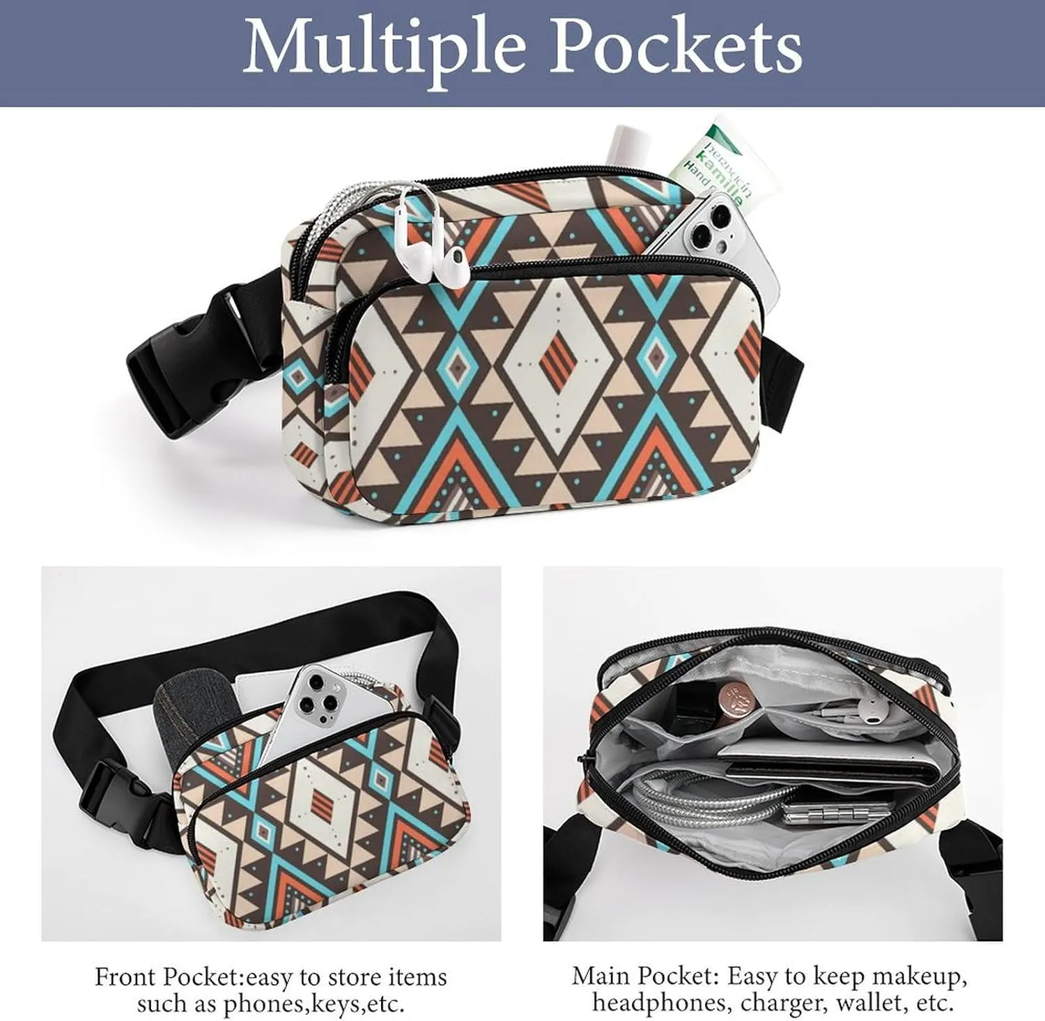 Womens Waterproof Running Belt Bag Compatible with Southwestern Aztec Native American Ethnic Decor, Fanny Pack with Adjustable Waist Strap