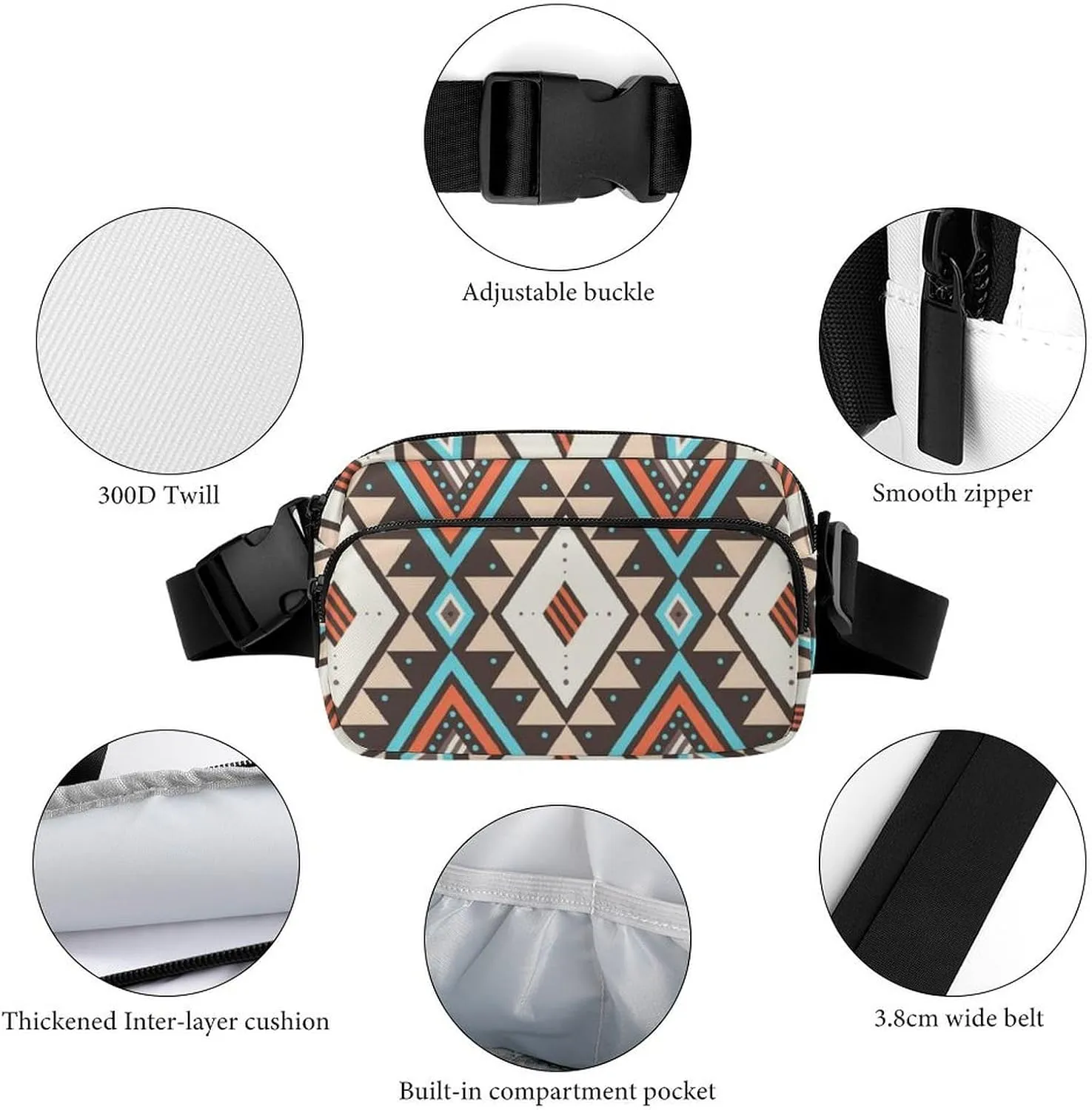 Womens Waterproof Running Belt Bag Compatible with Southwestern Aztec Native American Ethnic Decor, Fanny Pack with Adjustable Waist Strap