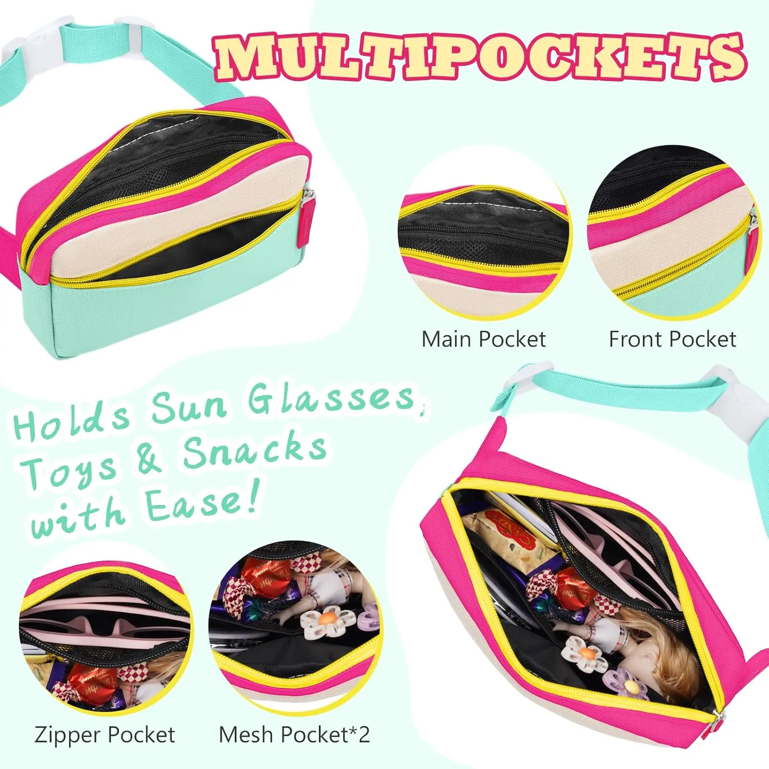 WOOMADA Fanny Pack, Crossbody Bag Waist Bag with Adjustable Waistband, Cute Belt Bag for Gifts(Hot Pink&Turquoise)