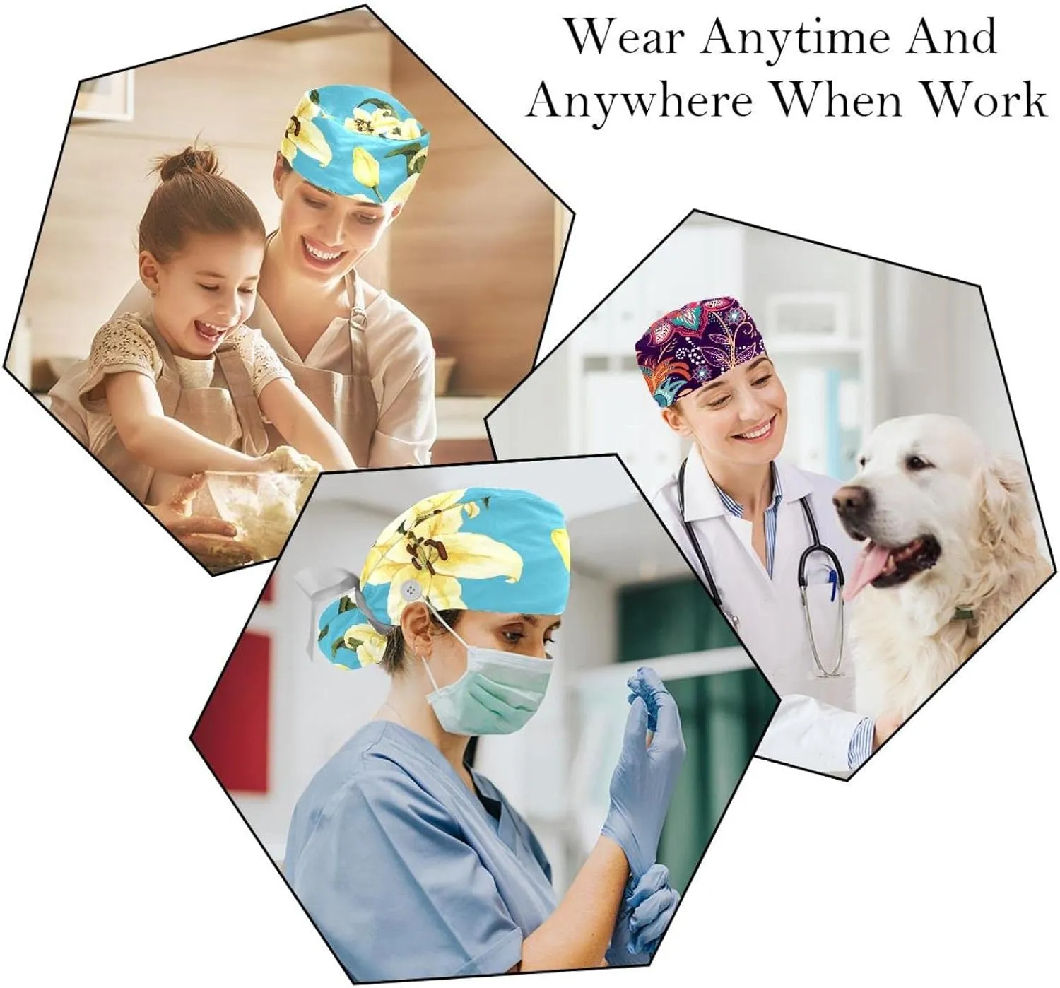 Working Hat with Buttons & Ribbon Ties for Women 2 Packs, White Lily Floral Adjustable Unisex Surgical Scrub Caps