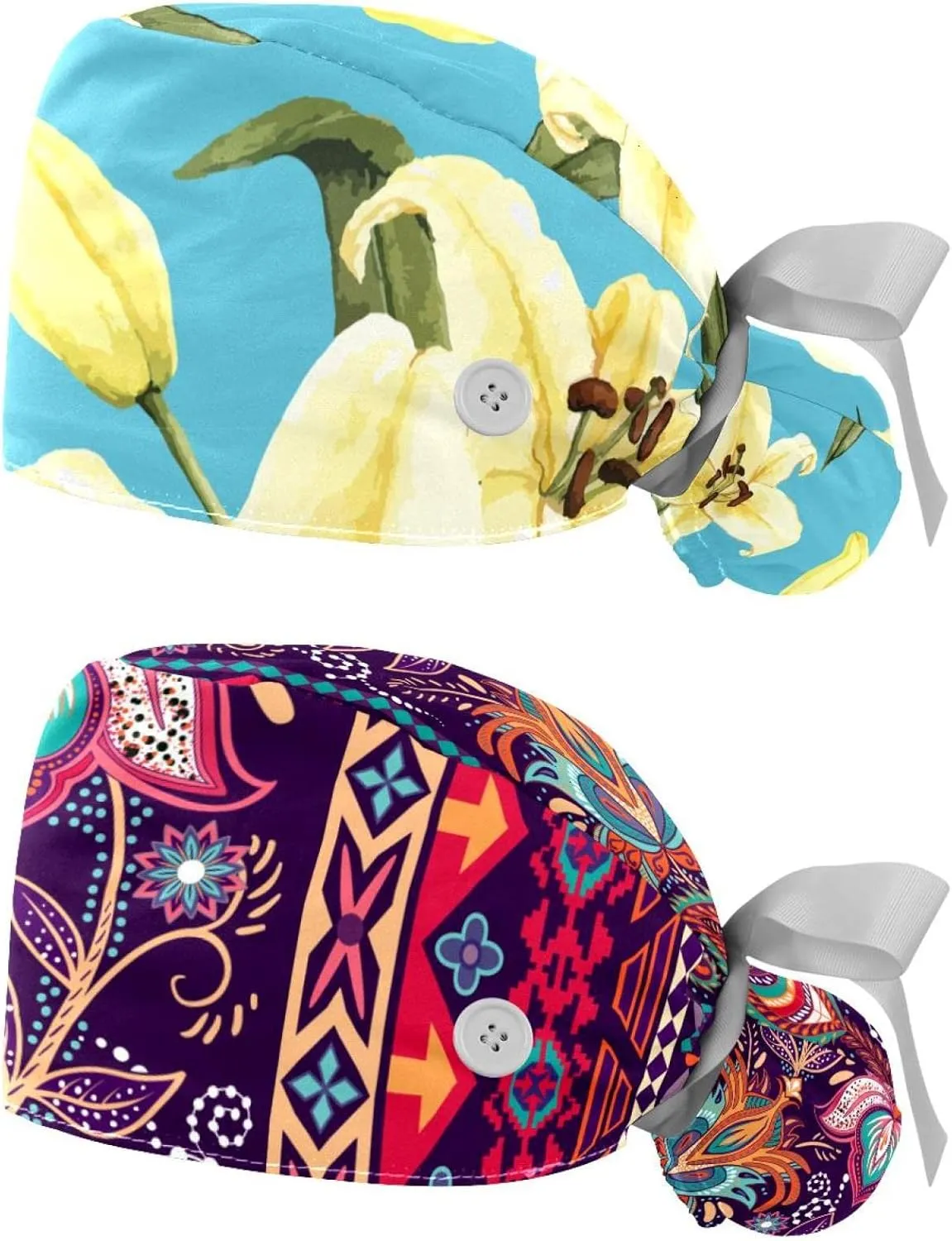 Working Hat with Buttons & Ribbon Ties for Women 2 Packs, White Lily Floral Adjustable Unisex Surgical Scrub Caps