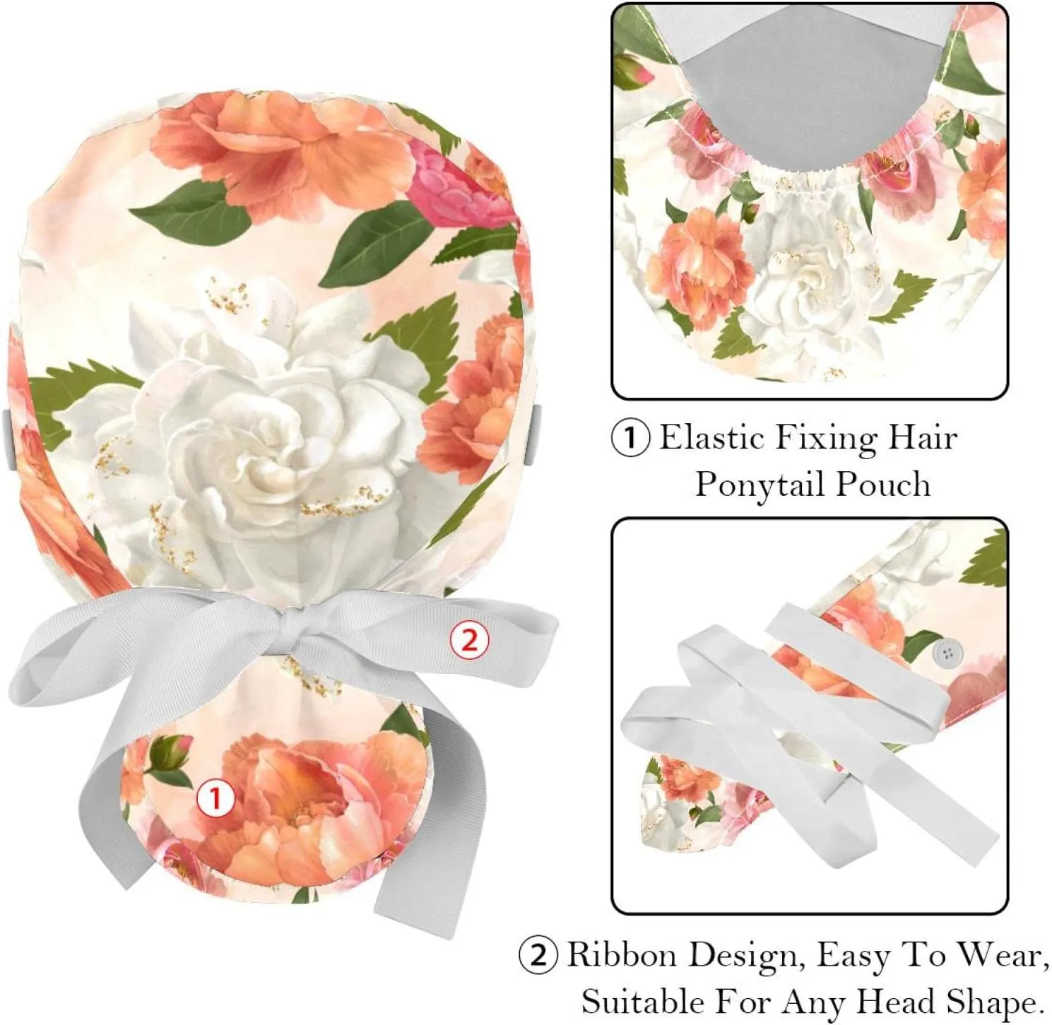 Working Hat with Buttons & Ribbon Ties for Women 2 Packs, White Lily Floral Adjustable Unisex Surgical Scrub Caps