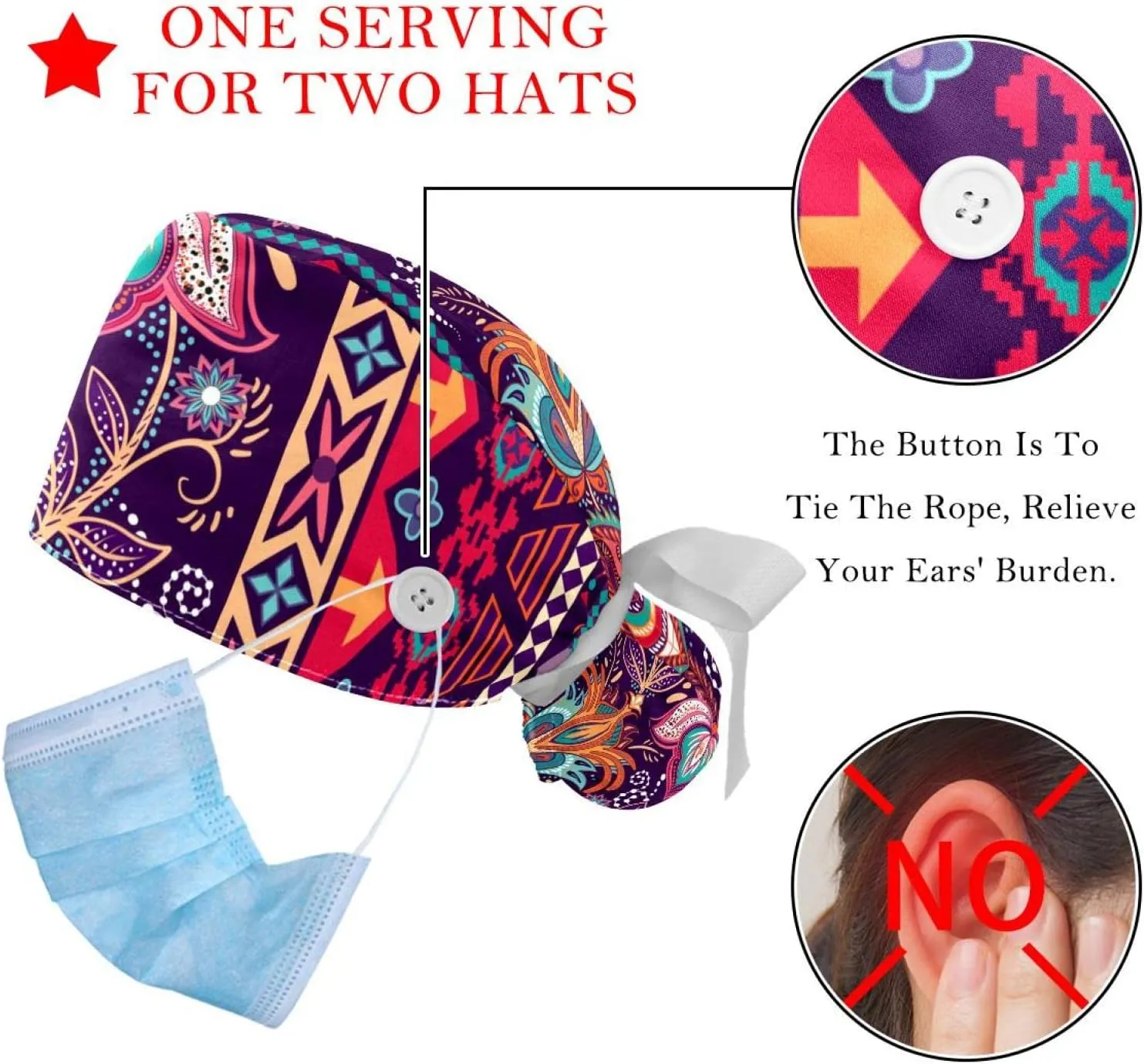 Working Hat with Buttons & Ribbon Ties for Women 2 Packs, White Lily Floral Adjustable Unisex Surgical Scrub Caps