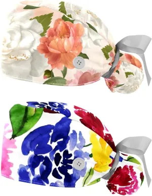 Working Hat with Buttons & Ribbon Ties for Women 2 Packs, White Lily Floral Adjustable Unisex Surgical Scrub Caps