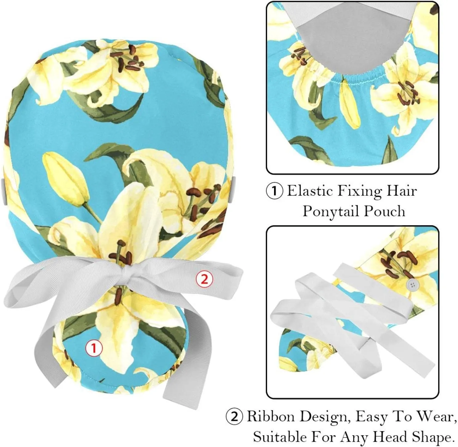 Working Hat with Buttons & Ribbon Ties for Women 2 Packs, White Lily Floral Adjustable Unisex Surgical Scrub Caps