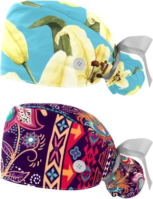 Working Hat with Buttons & Ribbon Ties for Women 2 Packs, White Lily Floral Adjustable Unisex Surgical Scrub Caps