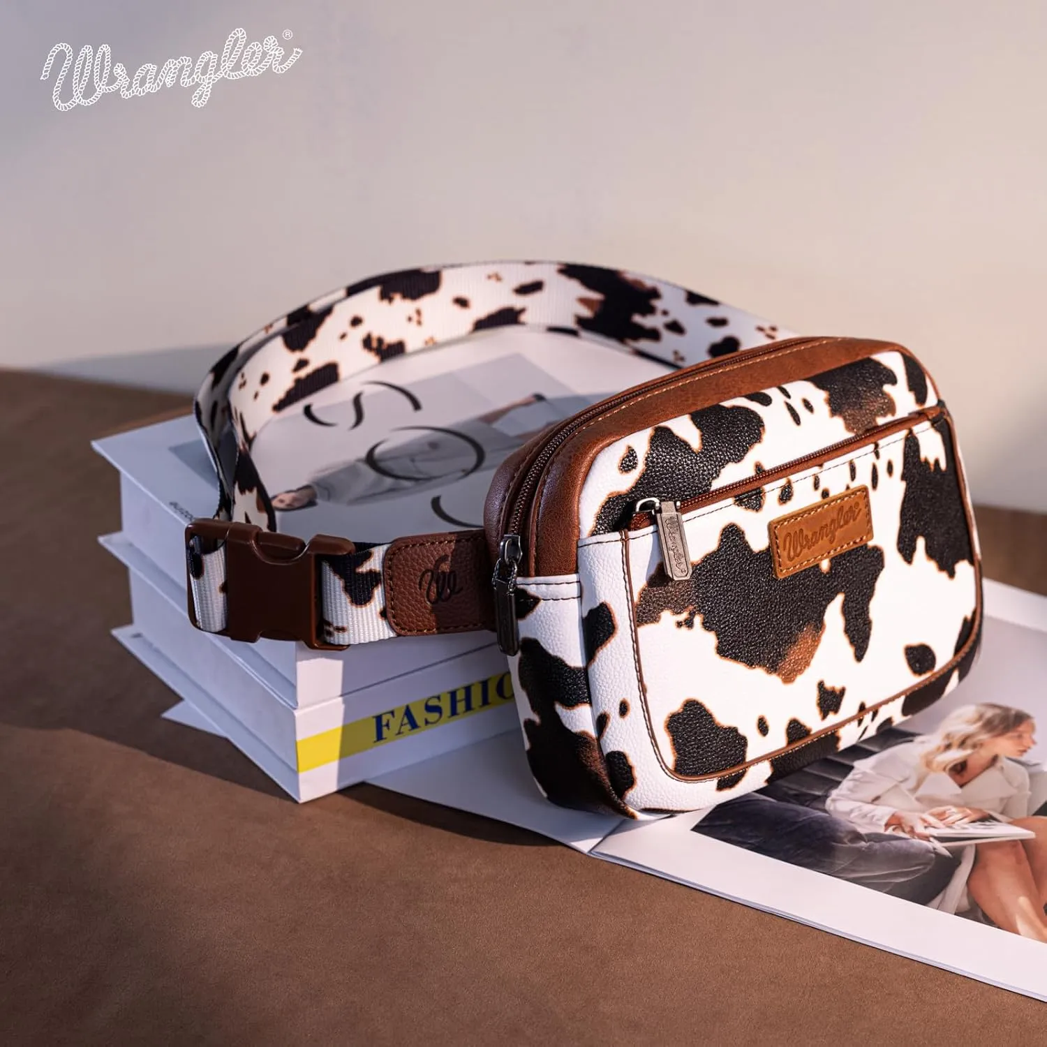 Wrangler Cow Print Waist Pack Western Belt Bag for Women with Adjustable Strap, Brown