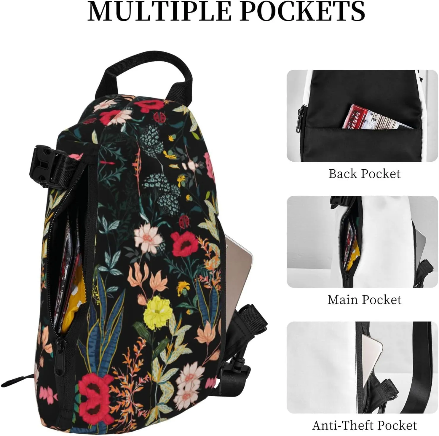 WURTON Colorful Boho Floral Print Crossbody Backpack Cross Pack Lightweight Sling Bag Travel, Hiking
