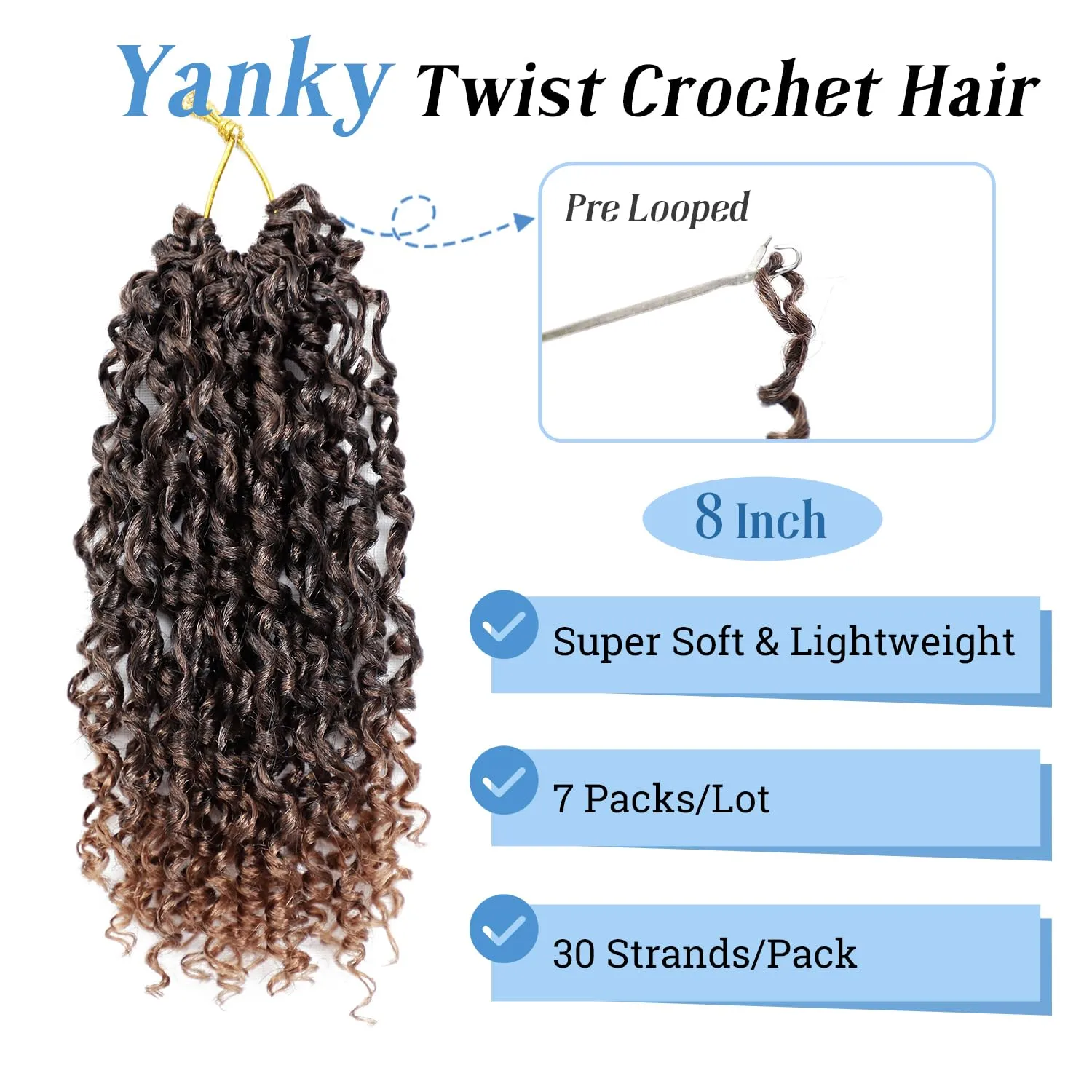 Yanky Twist Crochet Hair 8 Inch Pre Looped Spring Twist Synthetic 7 Packs Mini Passion Twist Hair Extensions Curly Ends, 1B/30