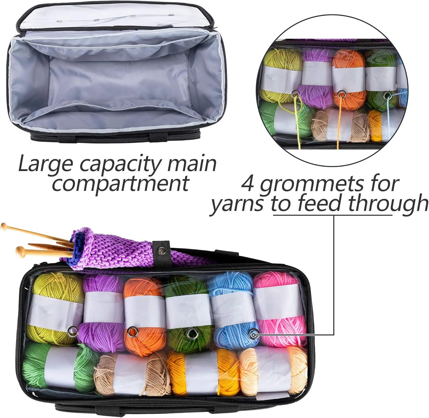Yarwo Knitting Yarn Bag, Crochet Tote with Pocket for WIP projects, Knitting Needles(Up to 14”) and Skeins of Yarn, Black with Arrow (Bag Only)