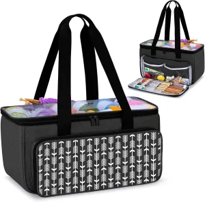 Yarwo Knitting Yarn Bag, Crochet Tote with Pocket for WIP projects, Knitting Needles(Up to 14”) and Skeins of Yarn, Black with Arrow (Bag Only)