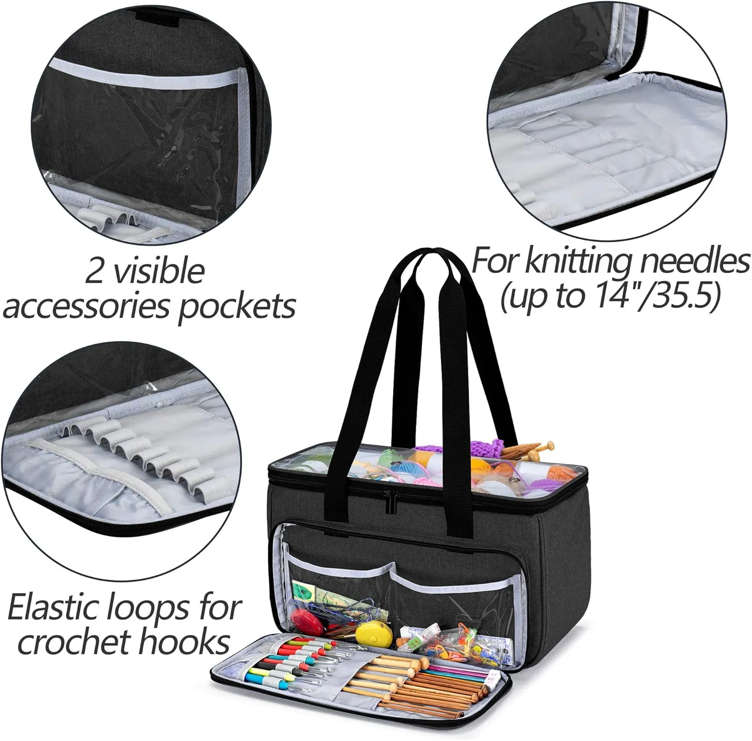 Yarwo Knitting Yarn Bag, Crochet Tote with Pocket for WIP projects, Knitting Needles(Up to 14”) and Skeins of Yarn, Black with Arrow (Bag Only)