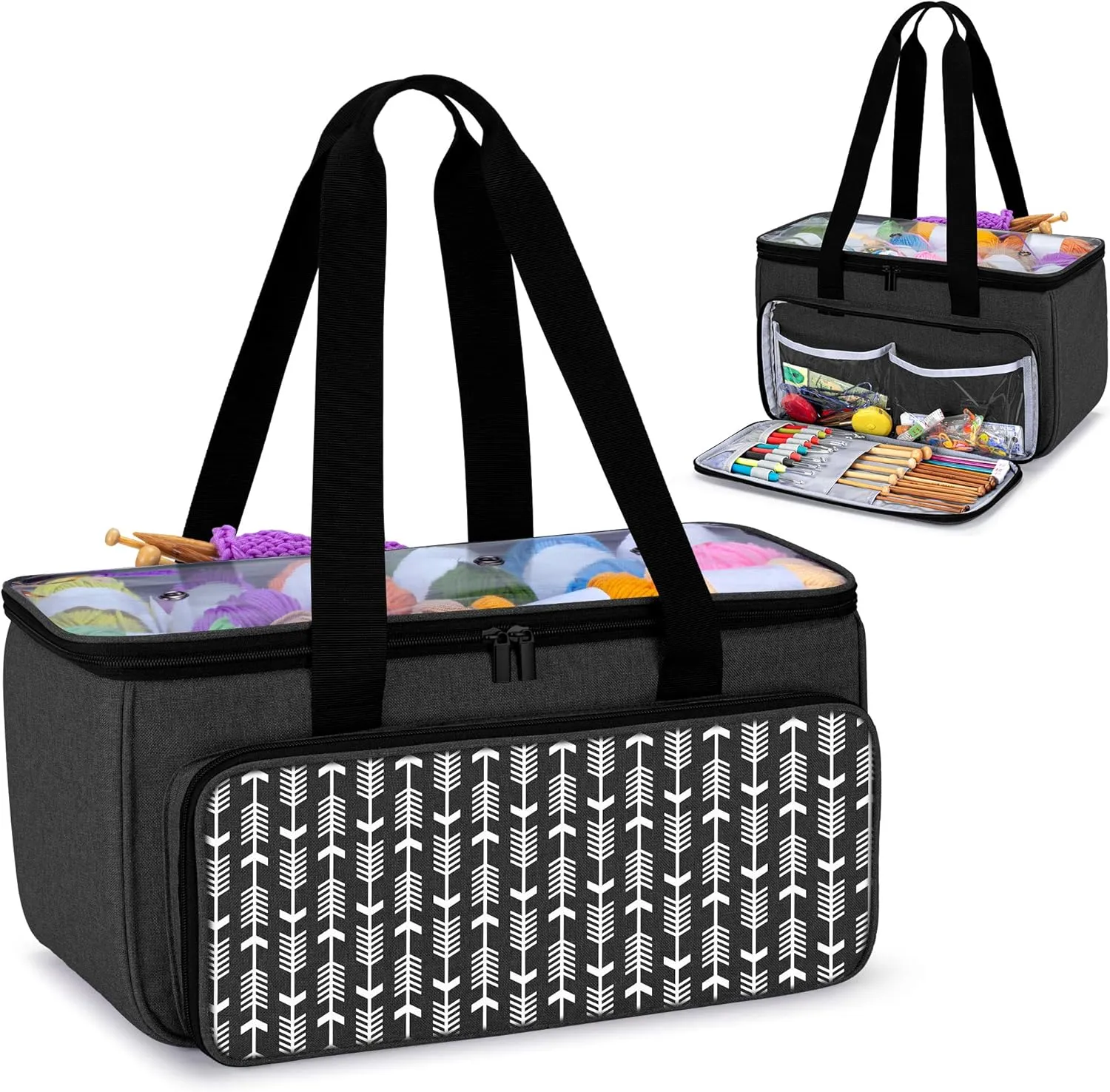Yarwo Knitting Yarn Bag, Crochet Tote with Pocket for WIP projects, Knitting Needles(Up to 14”) and Skeins of Yarn, Black with Arrow (Bag Only)