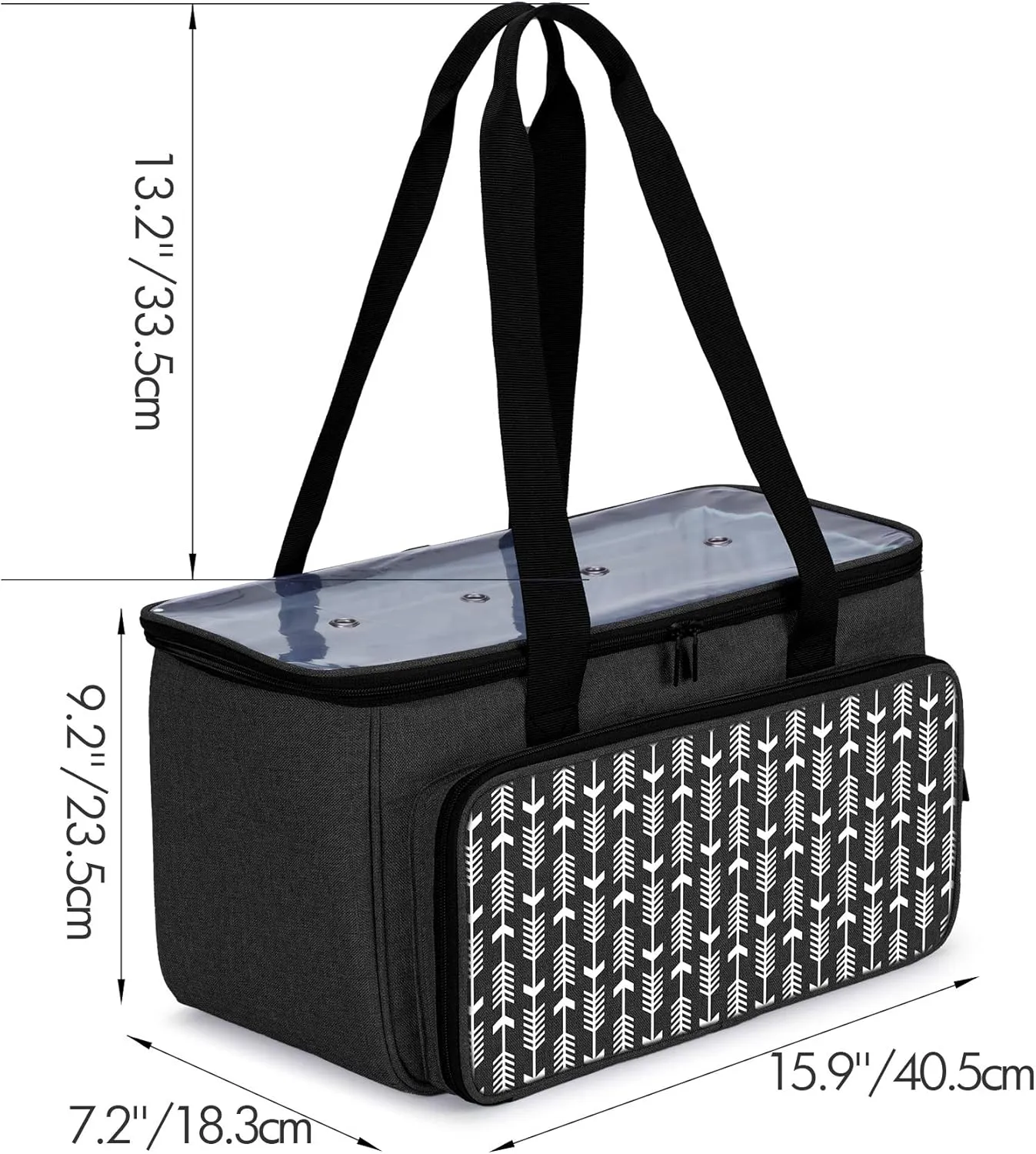 Yarwo Knitting Yarn Bag, Crochet Tote with Pocket for WIP projects, Knitting Needles(Up to 14”) and Skeins of Yarn, Black with Arrow (Bag Only)