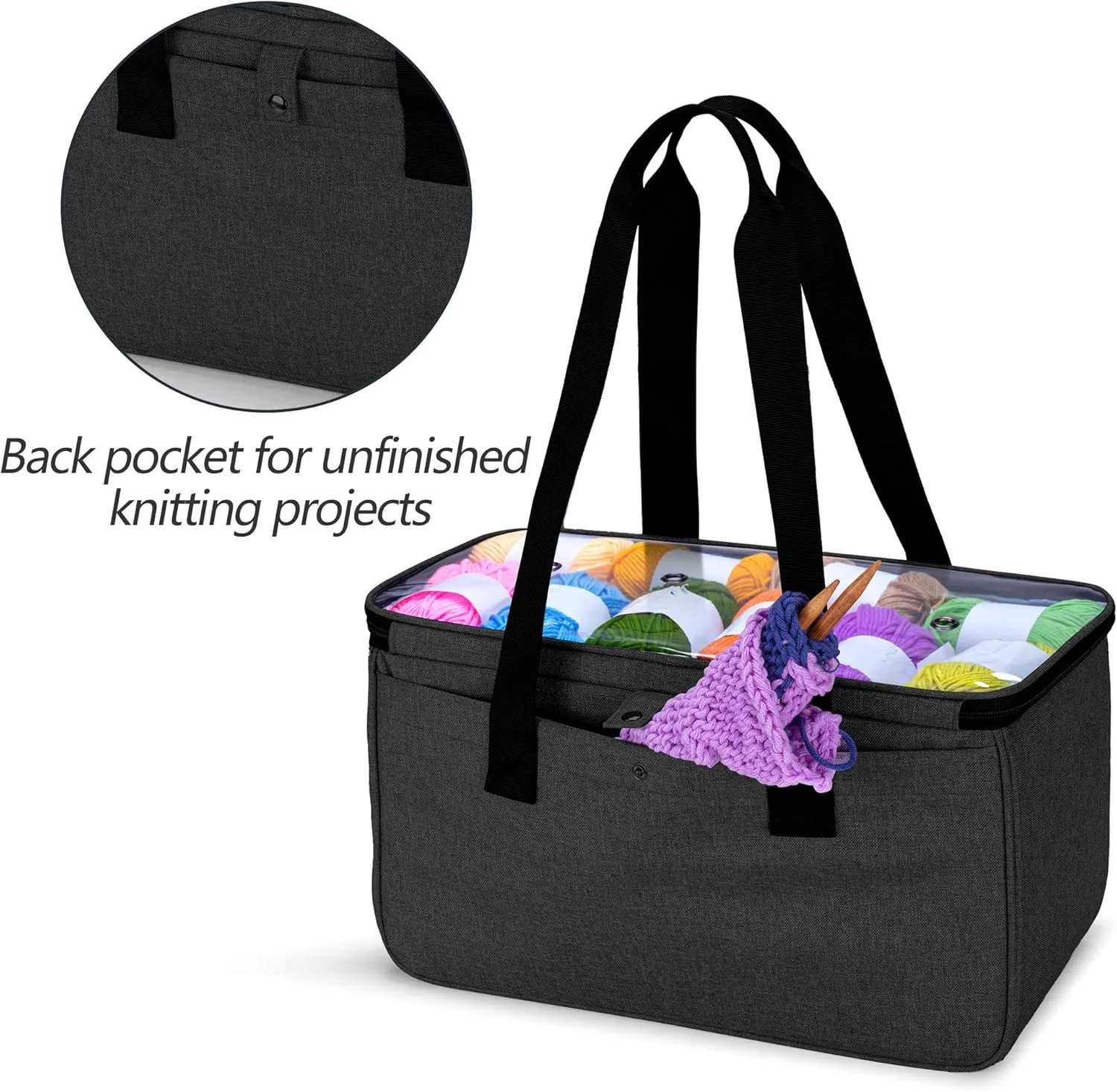 Yarwo Knitting Yarn Bag, Crochet Tote with Pocket for WIP projects, Knitting Needles(Up to 14”) and Skeins of Yarn, Black with Arrow (Bag Only)