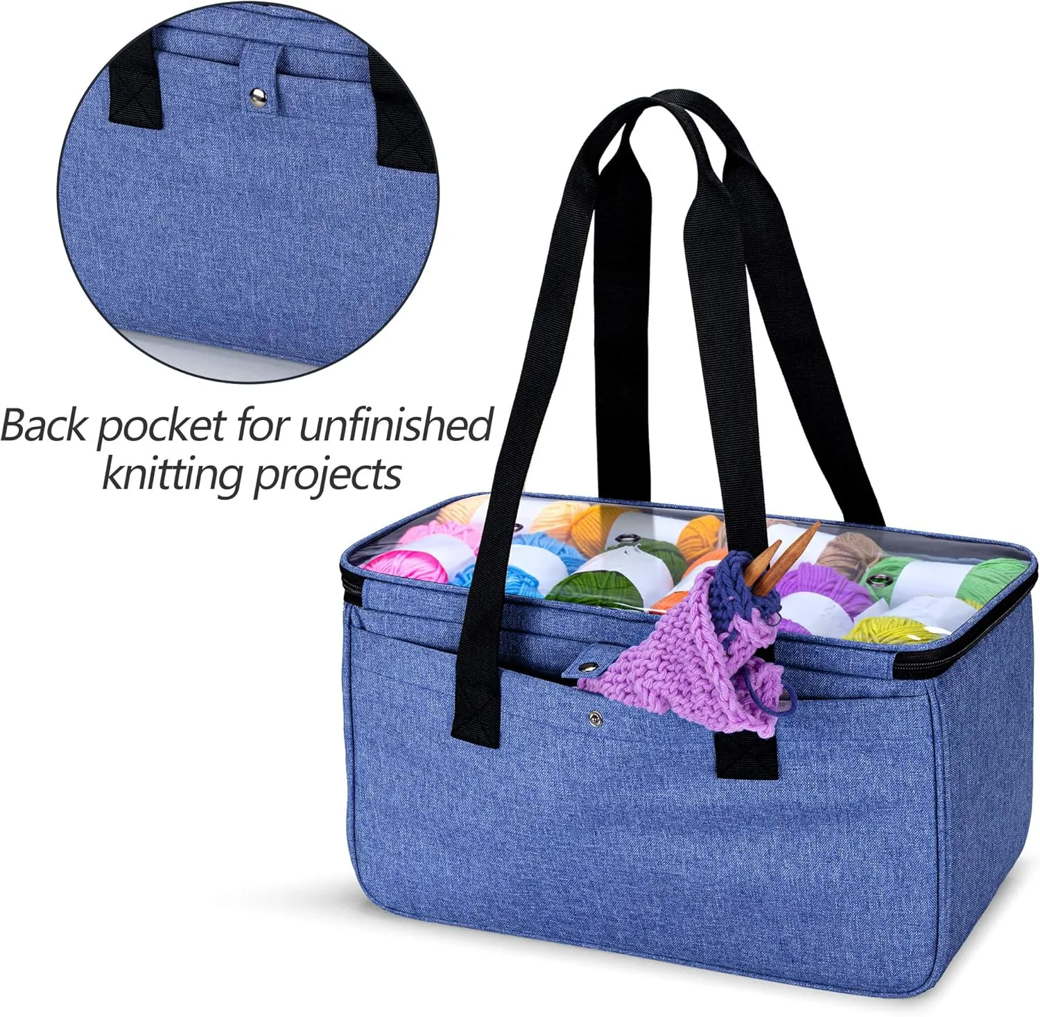 Yarwo Knitting Yarn Bag, Crochet Tote with Pocket for WIP projects, Knitting Needles(Up to 14”) and Skeins of Yarn, Blue (Bag Only)