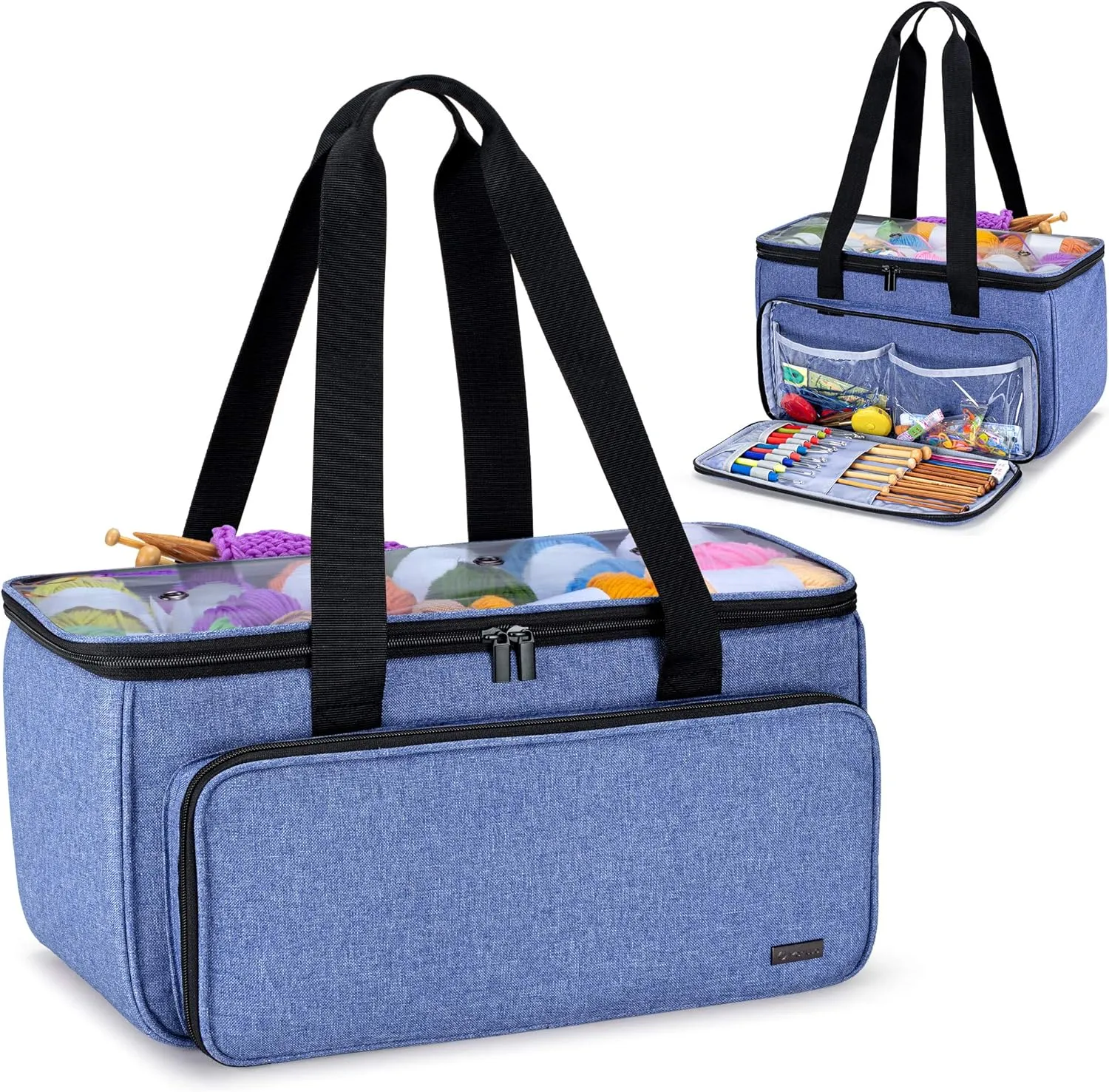 Yarwo Knitting Yarn Bag, Crochet Tote with Pocket for WIP projects, Knitting Needles(Up to 14”) and Skeins of Yarn, Blue (Bag Only)
