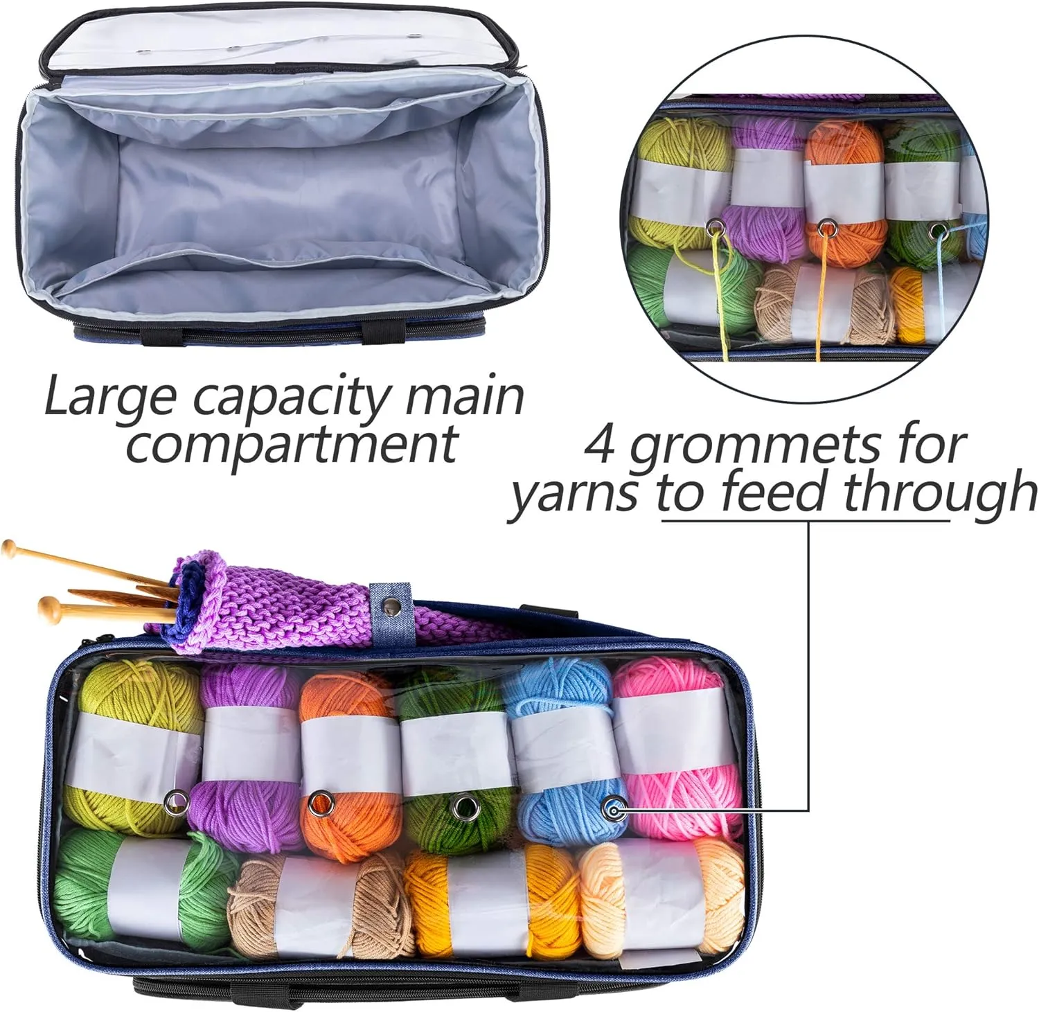 Yarwo Knitting Yarn Bag, Crochet Tote with Pocket for WIP projects, Knitting Needles(Up to 14”) and Skeins of Yarn, Blue (Bag Only)