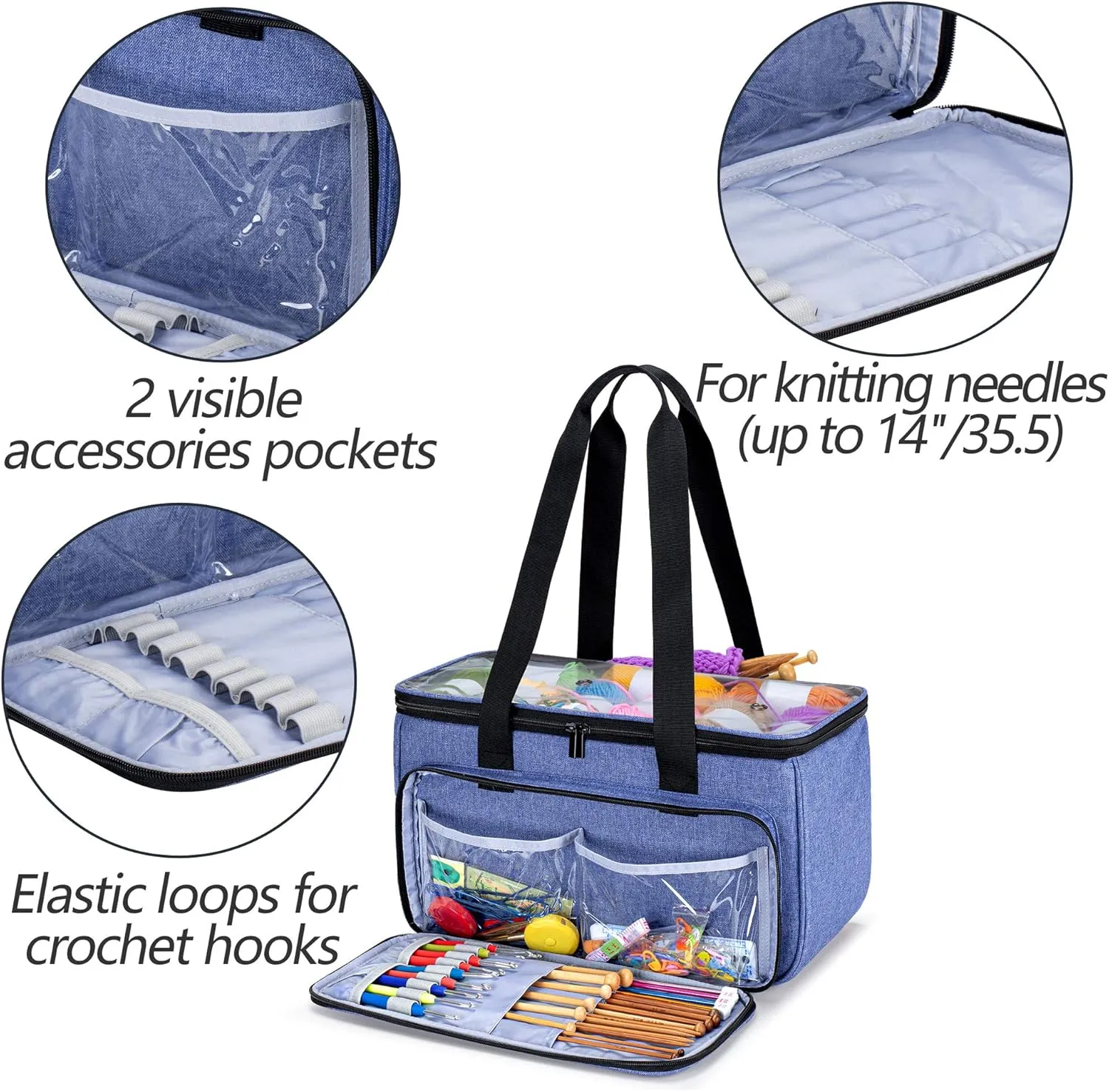 Yarwo Knitting Yarn Bag, Crochet Tote with Pocket for WIP projects, Knitting Needles(Up to 14”) and Skeins of Yarn, Blue (Bag Only)