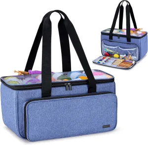 Yarwo Knitting Yarn Bag, Crochet Tote with Pocket for WIP projects, Knitting Needles(Up to 14”) and Skeins of Yarn, Blue (Bag Only)