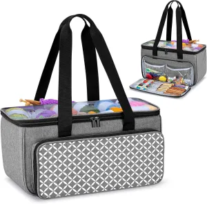 Yarwo Knitting Yarn Bag, Crochet Tote with Pocket for WIP projects, Knitting Needles(Up to 14”) and Skeins of Yarn, Gray with Grid (Bag Only)