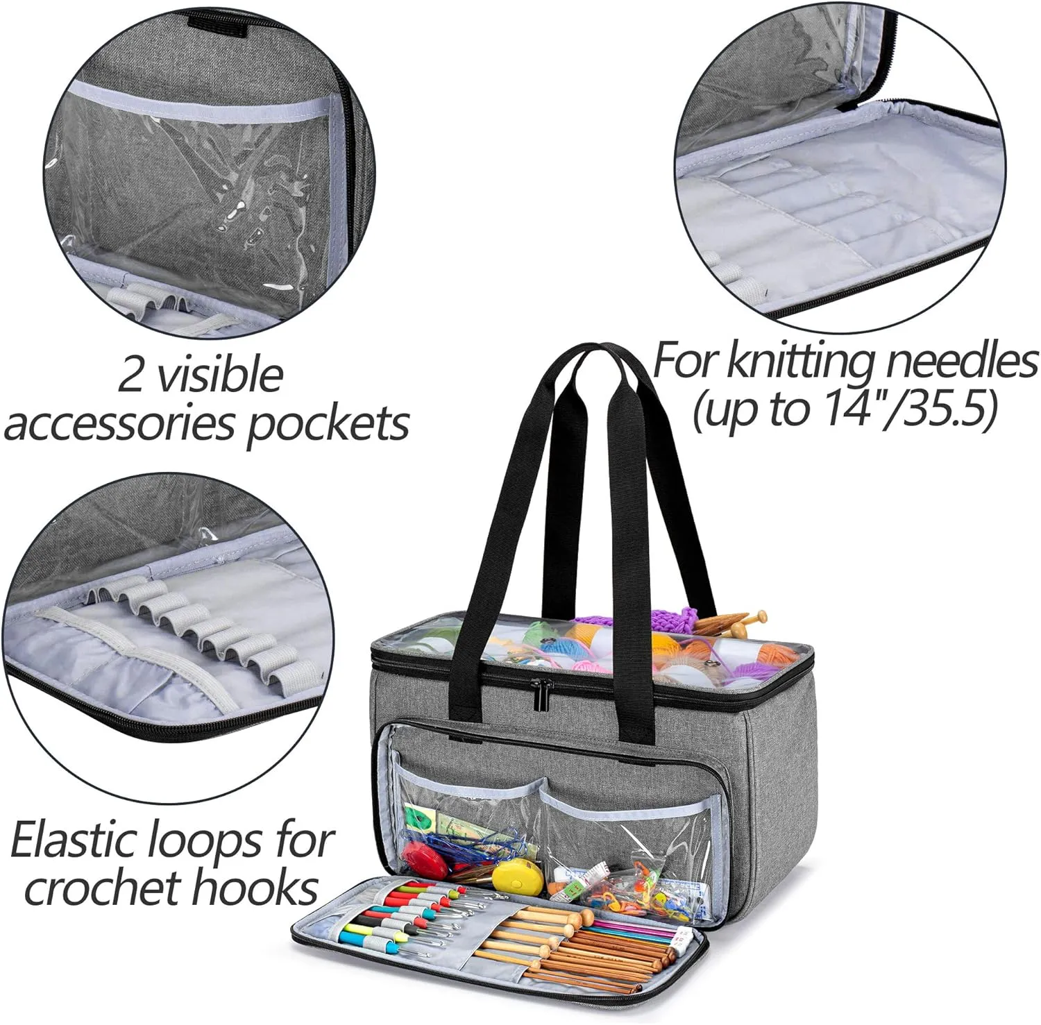 Yarwo Knitting Yarn Bag, Crochet Tote with Pocket for WIP projects, Knitting Needles(Up to 14”) and Skeins of Yarn, Gray with Grid (Bag Only)