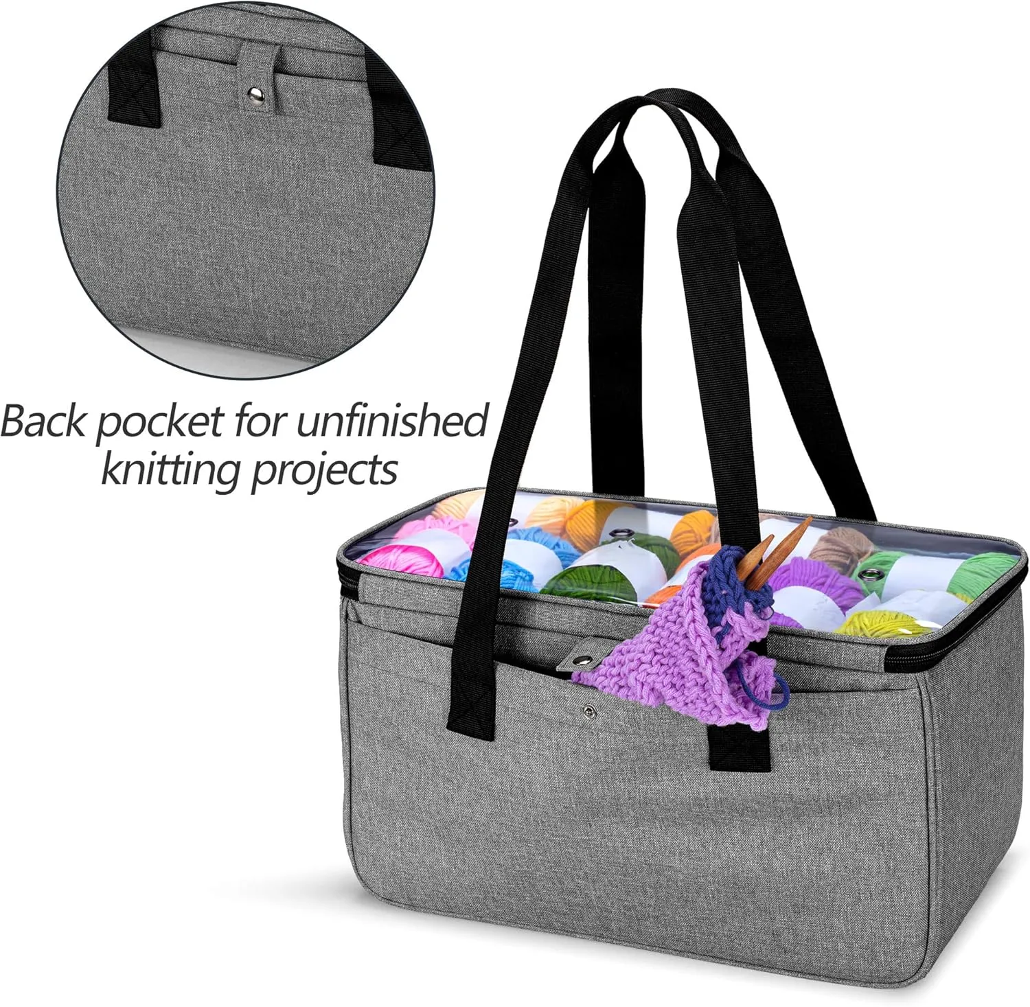 Yarwo Knitting Yarn Bag, Crochet Tote with Pocket for WIP projects, Knitting Needles(Up to 14”) and Skeins of Yarn, Gray with Grid (Bag Only)