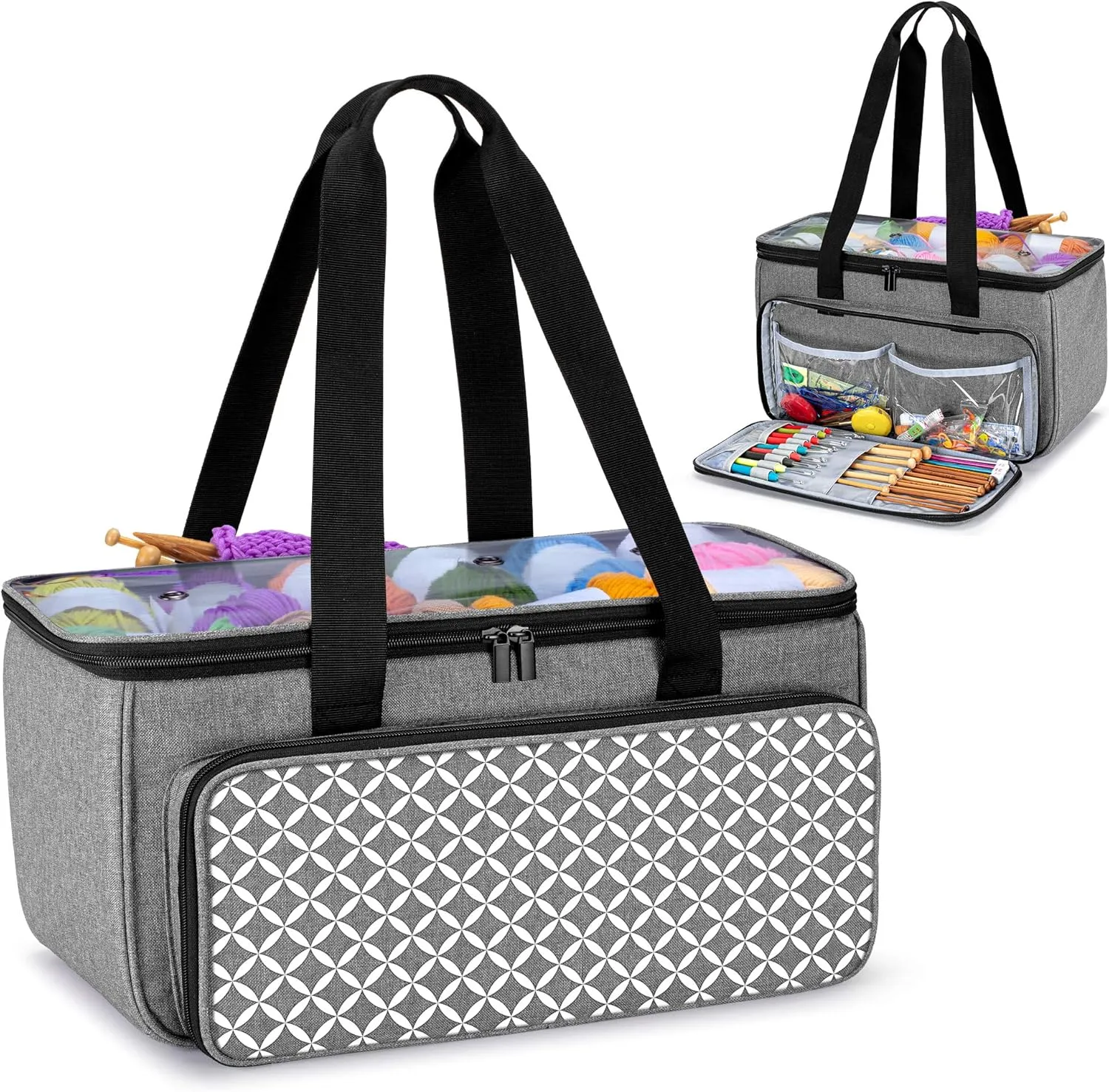 Yarwo Knitting Yarn Bag, Crochet Tote with Pocket for WIP projects, Knitting Needles(Up to 14”) and Skeins of Yarn, Gray with Grid (Bag Only)