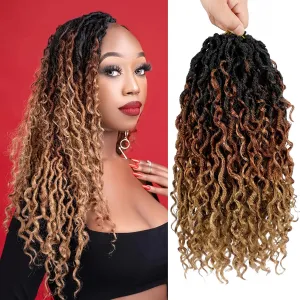 YESEGO Faux Locs Crochet Hair 18 Inch Ombre Goddess Locs Curly Pre Looped Crochet Braids with Curly Ends Synthetic Hair Extensions (6 packs, #1b/30/27)