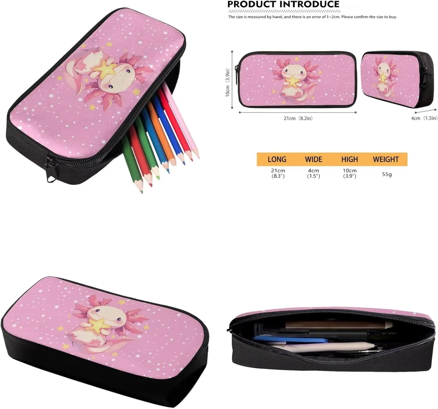 YEXIATODO Cartoon Axolotl School Backpack for Girls 6-8 Teen Boys Teen Girls Portable Elementary Bookbag Set with Lunchbox Pencil Case Water Bottle Bag for Students Shoulder Bag