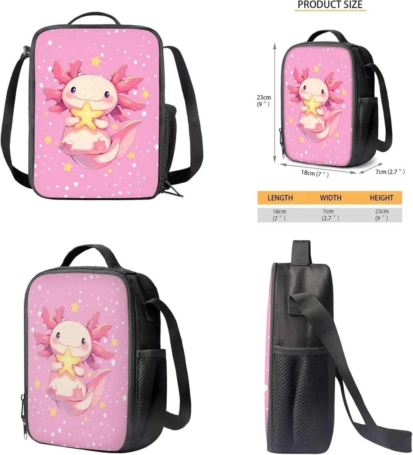 YEXIATODO Cartoon Axolotl School Backpack for Girls 6-8 Teen Boys Teen Girls Portable Elementary Bookbag Set with Lunchbox Pencil Case Water Bottle Bag for Students Shoulder Bag