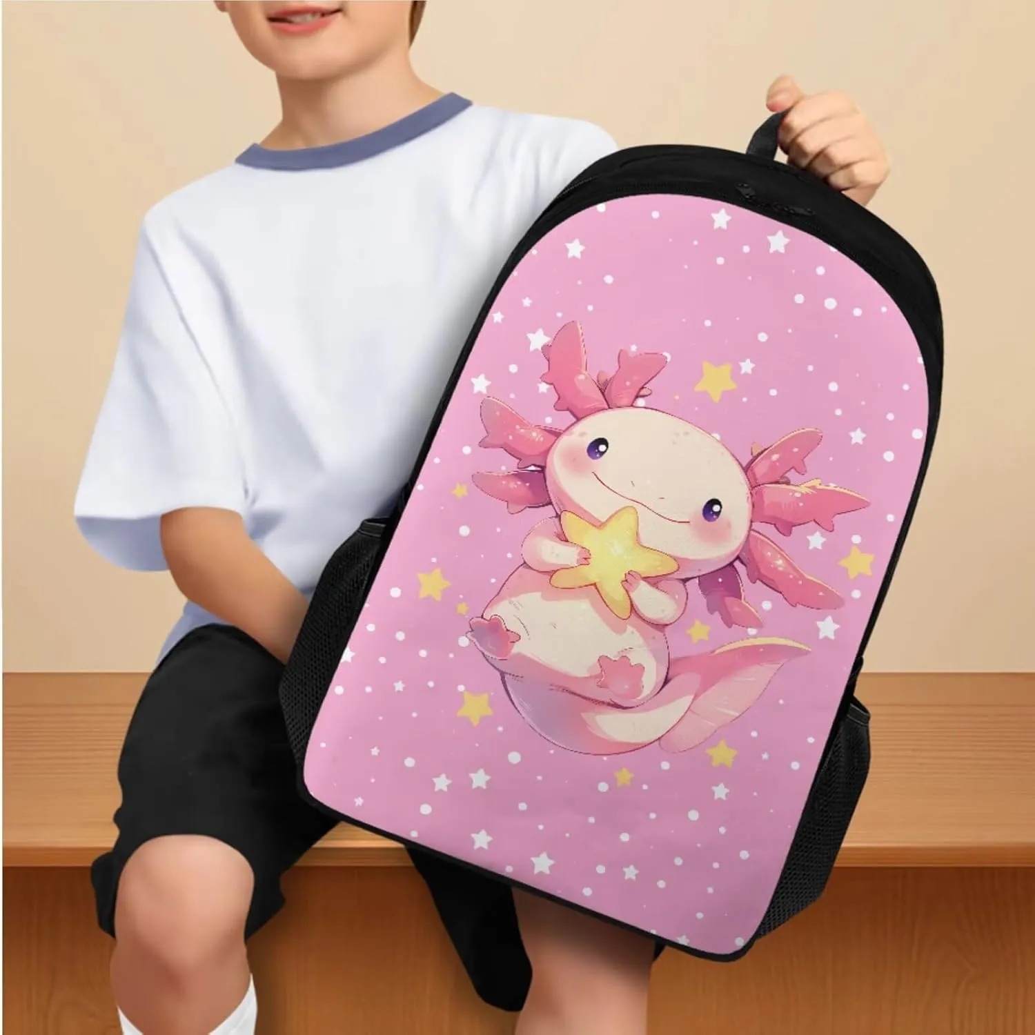 YEXIATODO Cartoon Axolotl School Backpack for Girls 6-8 Teen Boys Teen Girls Portable Elementary Bookbag Set with Lunchbox Pencil Case Water Bottle Bag for Students Shoulder Bag