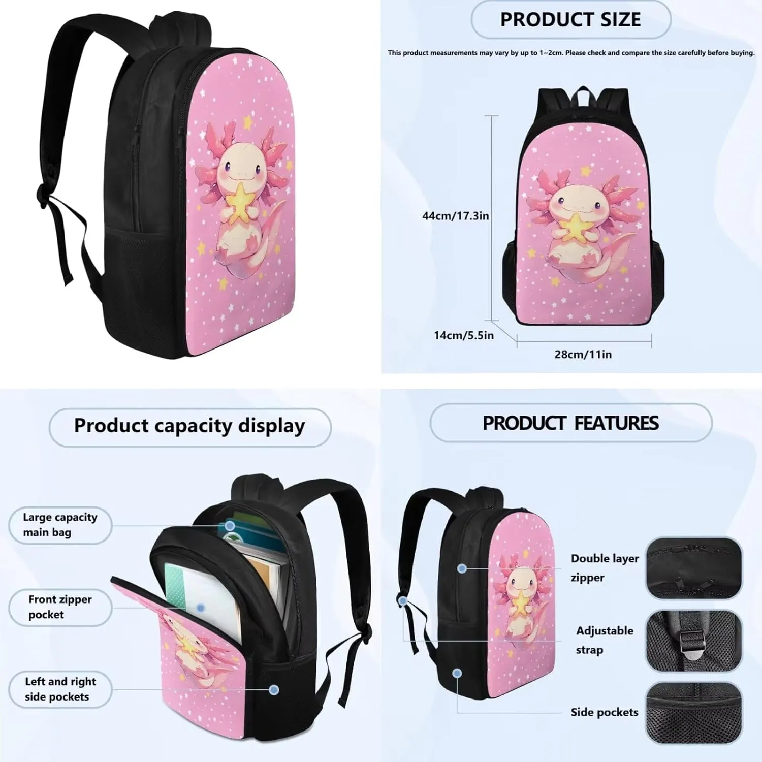 YEXIATODO Cartoon Axolotl School Backpack for Girls 6-8 Teen Boys Teen Girls Portable Elementary Bookbag Set with Lunchbox Pencil Case Water Bottle Bag for Students Shoulder Bag