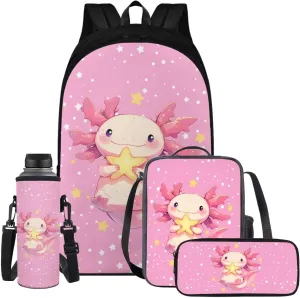 YEXIATODO Cartoon Axolotl School Backpack for Girls 6-8 Teen Boys Teen Girls Portable Elementary Bookbag Set with Lunchbox Pencil Case Water Bottle Bag for Students Shoulder Bag