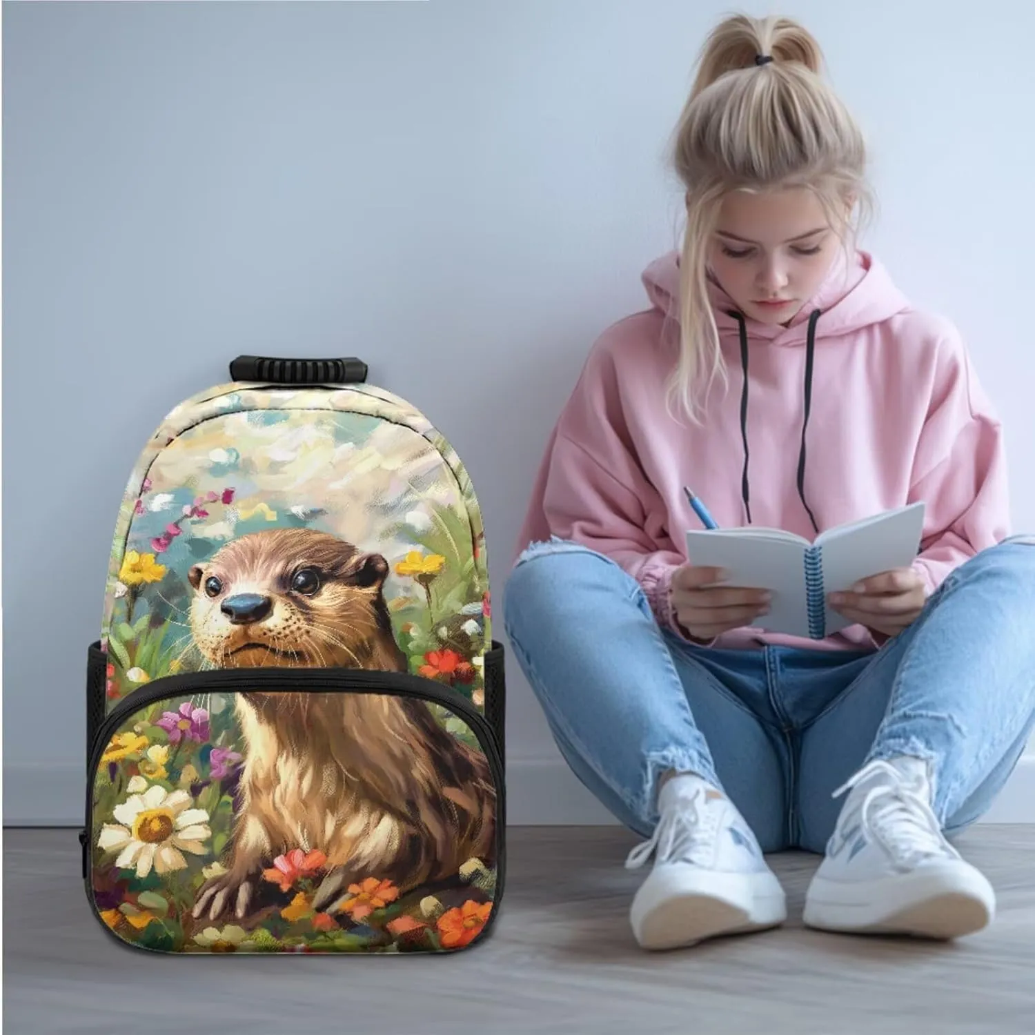 YEXIATODO Cartoon Otter Backpack and Lunch Bag Set for Girls 6Th Grade School Bags for Boys Kindergarten Elementary Backpack with Front Pocket Big Little Kid Fashion Independent Day Bookbag