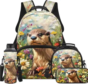 YEXIATODO Cartoon Otter Backpack and Lunch Bag Set for Girls 6Th Grade School Bags for Boys Kindergarten Elementary Backpack with Front Pocket Big Little Kid Fashion Independent Day Bookbag