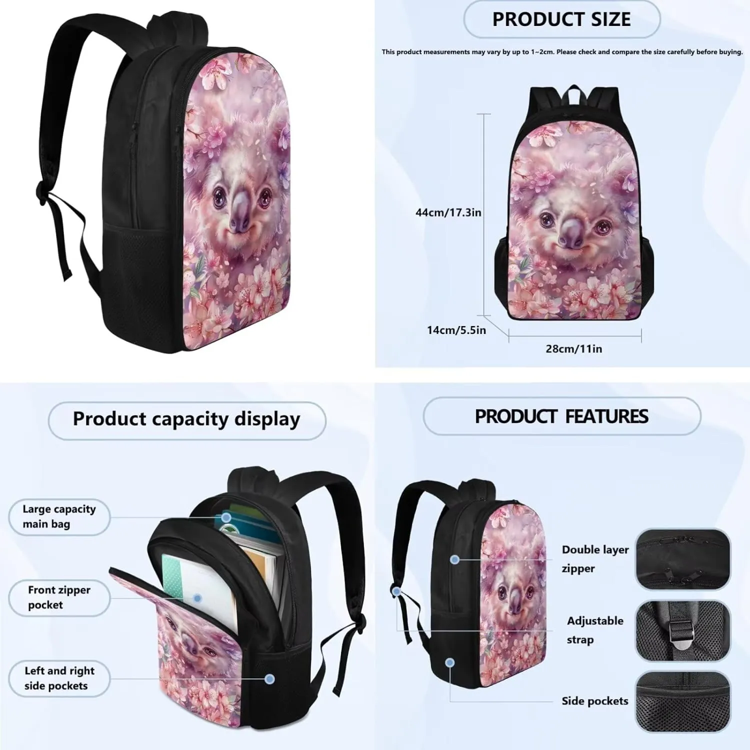 YEXIATODO Cherry Blossom Koala Backpack and Lunch Box Set 4pcs Boys Girls 17" School Bag with Front Zip Pocket Aesthetic School Bags Large Capacity for Daily Use Day-Trips Traveling